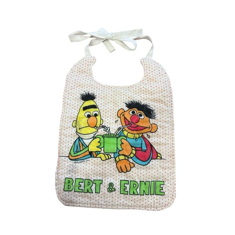 Vtg Muppets Baby Bibs Set Of 2 Bert Ernie Big Bird Sesame Street Cotton Neck Tie